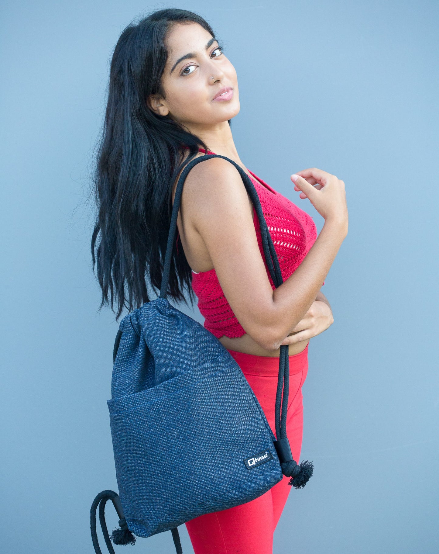 Drawstring bag in mix cotton Pinecone Blue