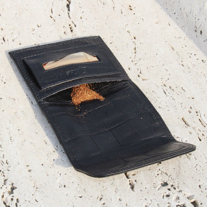 Small Mini black printed Leather Tobacco pouch - smokers bag wallet 